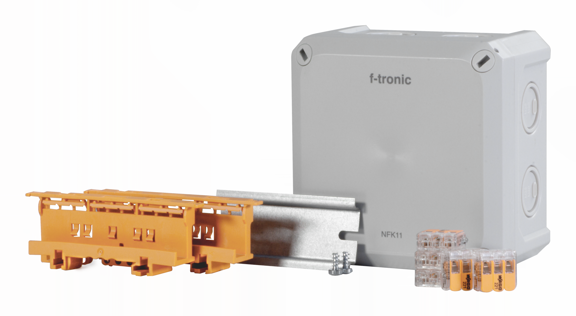 F-Tronic FR-Abzweigkasten 110x110x67mm, Klemmen 4qmm, Halter, Hutsch., IP66, PS, grau, NFK11gr-K4 F-Tronic FR-Abzweigkasten 110x110x67mm, Klemmen 4qmm, Halter, Hutsch., IP66, PS, grau, NFK11gr-K4